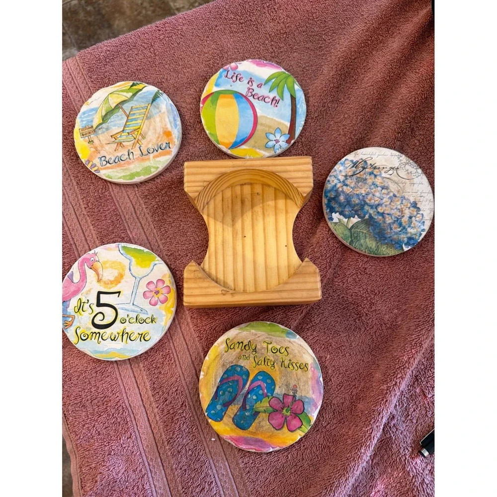 Set of 5 Tropical Beach Absorbent Stone Coasters with Wood Holder Multicolor